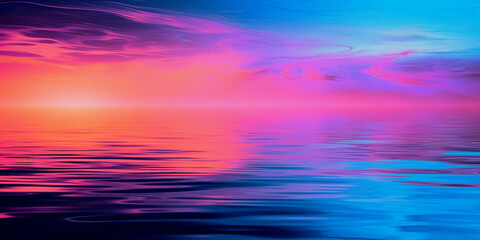 Abstract interpretation of a lake at twilight, using neon colors to simulate the water and sky, glitch art elements disrupting the peaceful scene