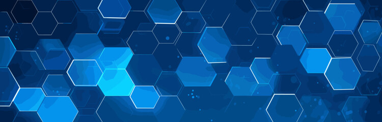 Obraz na płótnie Canvas Geometric backdrop of hexagons with perspective. Polygonal abstract design. Blue molecular background for presenting health, medical or technical themes.