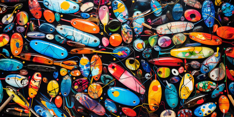 fishing lures, reels, and rods transformed into an abstract mosaic of color and form