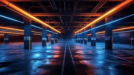Underground modern parking, neon light. Generation AI