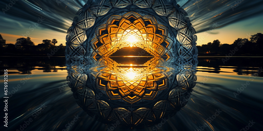 Poster lake, as if viewed through a kaleidoscope, concentric ripples and reflections morphing into intricat