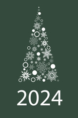 Christmas tree made of white snowflakes on a green background, New Year card text 2024, vector