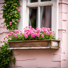 Fototapeta premium Pretty summer pink flowers in a window box on a pink house