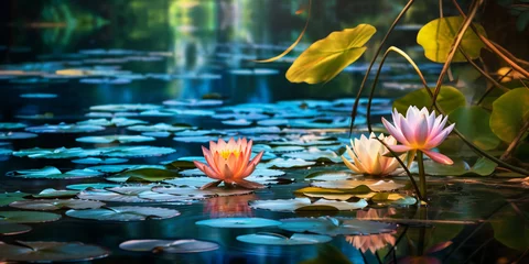 Foto op Canvas Lake with water lilies, highly stylized like stained glass art, vivid yet harmonious color scheme © Marco Attano