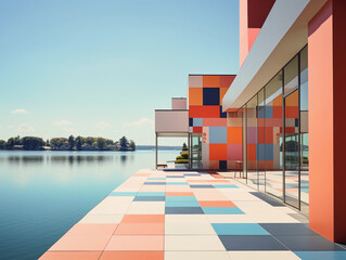 Lakeside view with geometric abstraction, each element represented as a different geometric shape