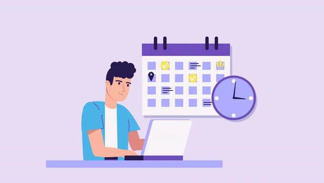 Man character with laptop animation. Calendar and clock, Schedule planning concept. Time management and self organization. work-life balance, working time, Deadline and overwork. Cartoon style