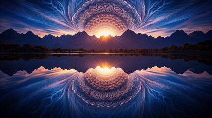 Surrealistic interpretation of a mountain lake at dawn, mirror-like water reflecting the rising sun, deep hues of blue and indigo, intricate fractal patterns in the water's texture