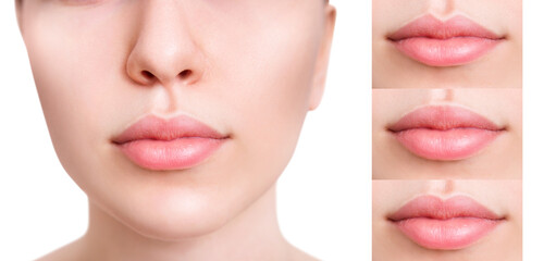 Young woman near set of different lips shapes.