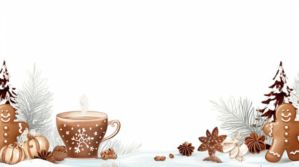 stockphoto, Winter elements border design. Background with woolen mittens, tea mug, coffee cup, gingerbread, winter forest foliage, snowflakes and stars isolated on white background. Design for Christ
