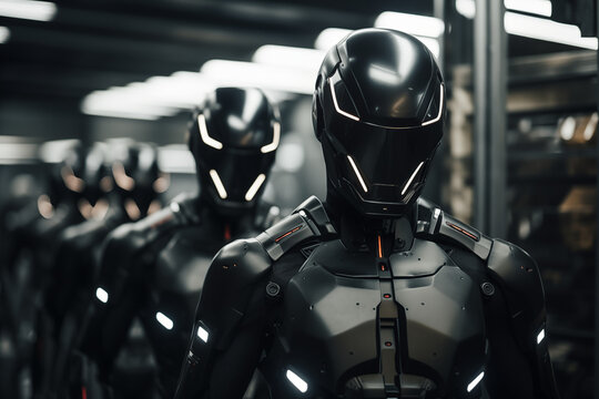 Army of AI artificial intelligence robots in base