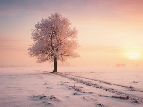 Winter wonderland, a snow-covered field with a lone tree, misty atmosphere, early morning light