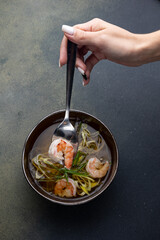 The shrimp soup. Close up