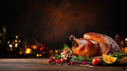 a christmas Menue with roast goose on brown background with copy space - obrazy, fototapety, plakaty