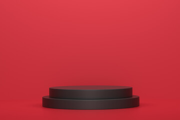 Pastel black cylinder podium with steps on red background