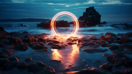 Sea night landscape, neon circle. Generation AI - obrazy, fototapety, plakaty
