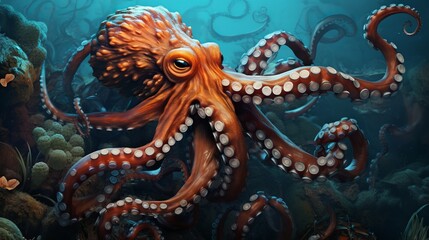 Scary huge octopus underwater.