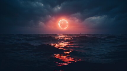 Sea night landscape, neon circle. Generation AI