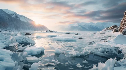 Fotobehang Frozen winter lake, snowy winter landscape. Generation AI © Terablete