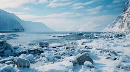 Fototapeta na wymiar Frozen winter lake, snowy winter landscape. Generation AI