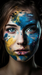 A woman with bright face paint. AI Generated