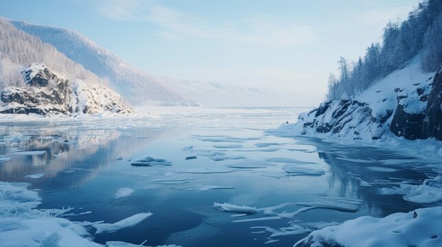 Frozen winter lake, snowy winter landscape. Generation AI
