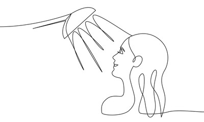 One continuous line of a woman taking a shower. Linear outline. Vector illustration