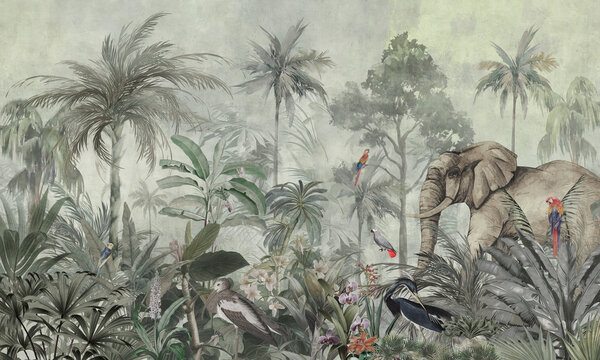 Safari Animal In Tropical Fog Jungle With Forest Illustration For Wallpaper Print