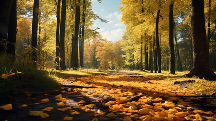 Beautiful autumn landscape with yellow trees and sun. Colorful foliage in the park.Generative AI