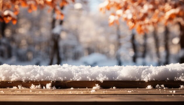 Snow covered wooden table with forest background and vibrant fall foliage for product placement