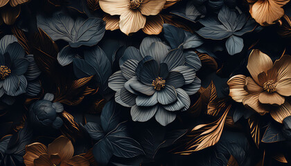 black and gold leaves background with black flowers,muted earth tones, junglepunk, dark teal and orange - obrazy, fototapety, plakaty