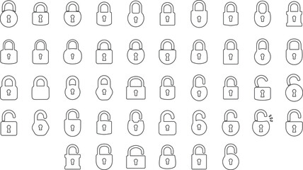 Set of Silhouette of locked and unlocked padlock. Line design. close and open lock collection. Security symbol. Privacy symbol vector stock illustration.