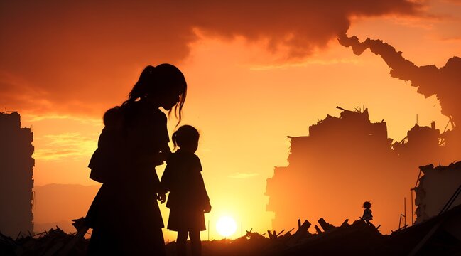 silhouette of Woman and child looking the city destroyed by the earthquake at sunset