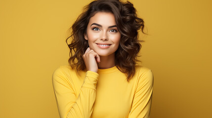Naklejka premium Portrait of gorgeous minded person hand touch chin look interested. Isolated on yellow background.