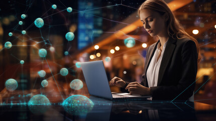 Businesswoman using laptop with network hologram over night city background. Futuristic technology and communication concept.
