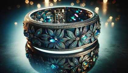 Elegantes Armband aus geschwärztem Metall mit blauen Steinen und floralen Mustern, schimmernd vor einem leuchtenden Bokeh-Hintergrund - obrazy, fototapety, plakaty