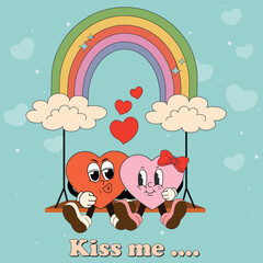 Groovy character cute hearts on a rainbow. Concept of love.Kiss me. Happy Valentine's Day. Valentine's Day. A cool character with a happy heart in a trendy retro style of the 70s.