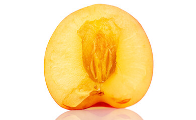 One half of sweet cherry berry, macro, isolated on white background.