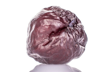 One withered plum, macro, isolated on white background.