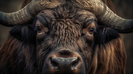 Close-up portrait of a long-haired bull with long horns. Wildlife concept with a copy space.