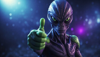 An alien gives a thumbs up. - obrazy, fototapety, plakaty