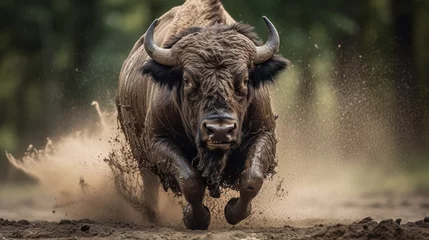 Zelfklevend Fotobehang Buffel Bison running through mud in forest. Wildlife concept with a copy space.