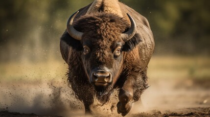 Bison running through mud in the South Africa. Wildlife concept with a copy space.