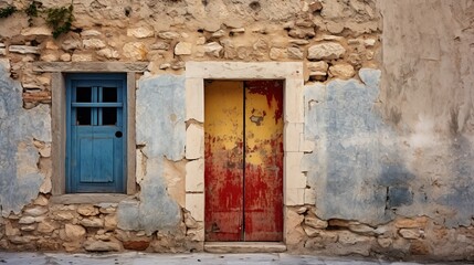 Fototapeta na wymiar Ancient Greek stone wall with a bright, textured entrance and window