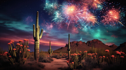 Fireworks over the southwestern desert - obrazy, fototapety, plakaty