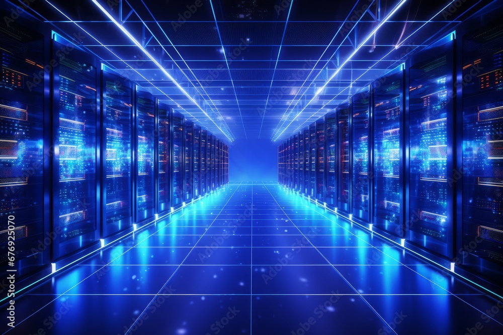 Poster visually captivating modern data center with state of the art server racks emitting a soft blue glow