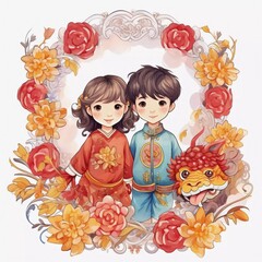 Square frame with traditional Chinese New Year decoration, cartoon style characters. Children in traditional asian costumes, dragon, flowers, gold coins, watercolor painting, AI generator