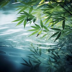 Fresh bamboo leaves over water, AI generator