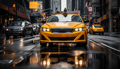 Vibrant downtown new york street scene with yellow cabs in motion blur, showcasing super quality