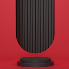 Pastel black cylinder podium with steps on red background