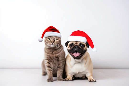 Cute cat and dog wearing santa claus hats on white background